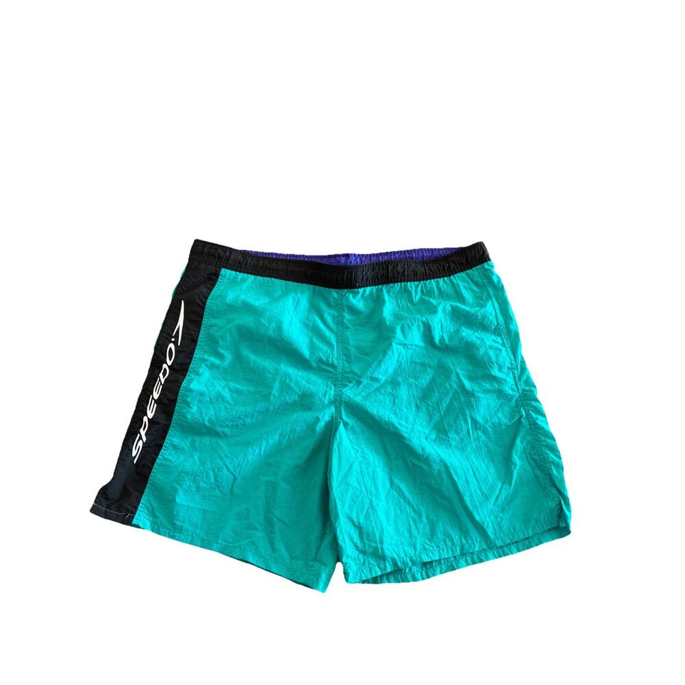 VTG SPEEDO Teal Spell Out Pockets Mesh Lining Swim Trunk Sz M Vintage Free Ship